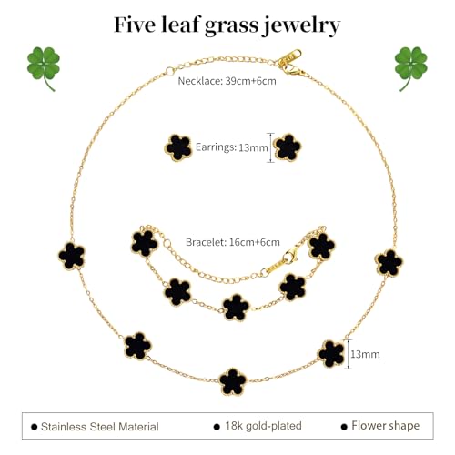 AmorArtSky Lucky Clover Jewelry Set - 18K Gold Plated Flower Design Five Leaf Bracelet, Necklace Pendant, Earrings for Women - Lucky Gifts for Mom, Wife, Daughter, Friends - style: Lucky Clover Jewelry Sets_Black