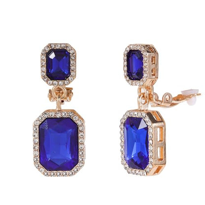 YINLI Austrian Crystal Square Shape Dangle Drop Clip on Earrings for Women - color: Blue,Gold