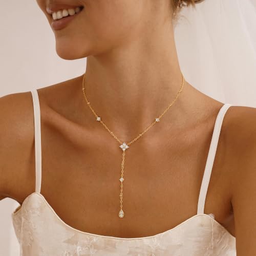 Long Necklaces for Women, Cute 14K Gold Plated CZ Drop Necklace | Dainty Gold Necklace, Simple CZ Teardrop Clover Y Shaped Lariat Necklace,Statement Non Tarnish Necklace, Trendy Gold Jewelry - color: Gold-Drop 2
