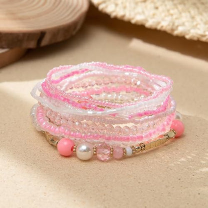 Handmade Stackable Rice Seed Beaded Ball Bracelets set for women, Romantic Boho Trendy Acrylic Glass Stretch Accessories Multi Layer Jewelry, Daily Wear Party Holiday Friendship Gift - color: Pink