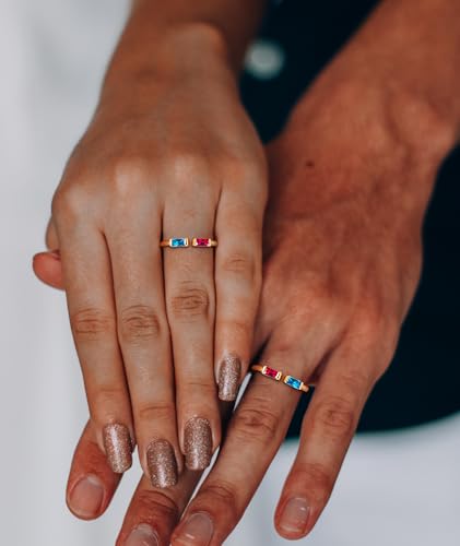 WFYOU Gold Birthstone Rings for Women - Non Tarnish Dainty 14K Gold Plated Stackable CZ Rings for Her & Couples - Personalized Jewelry Gift for Birthday - color: 1-12.January(Garnet)-December(Zircon)