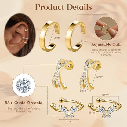 Ear Cuff Earrings for Women Non Piercing Helix Cartilage Clip on Ear Cuffs 14K Gold Plated & Sterling Silver Stainless Steel Hypoallergenic Huggie Hoop Fake Earring Set Jewelry Gift - color: A1-Butterfly Cuff Set