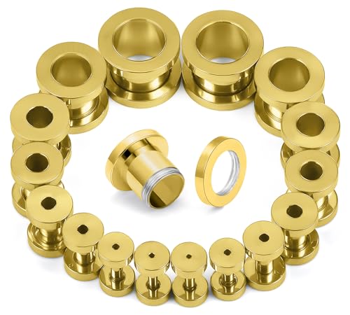 14G-00G Double Flare Screw On Gauges Tunnels Plugs Stretching Set Kit 316L Surgical Steel Gauges Tunnel Plug for Ears Size 16G 12G 10G 8G 6G 4G 2G 0G 00G Women Men - color: Gold Tone-14G-00G