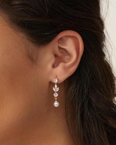 Pearl Earrings - 14K Gold/White Gold/Rose Gold Plated Cubic Zirconia CZ Diaomond Accented Pearl Drop Dangle Earrings for Women Wedding Bridal Prom - color: Rose gold Leaf Dangle