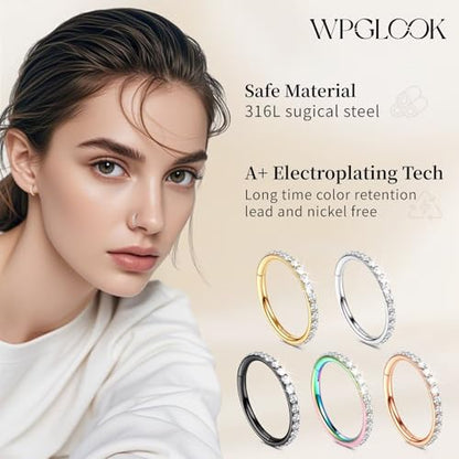 2Pcs Nose Ring Hoop Set: 14G 16G 18G 20G 316L Surgical Steel Septum Rings Hypoallergenic Body Jewelry 6/7/8/9/10/12MM Cartilage Earrings for Women Men - color: Gold-2pcs cz rings