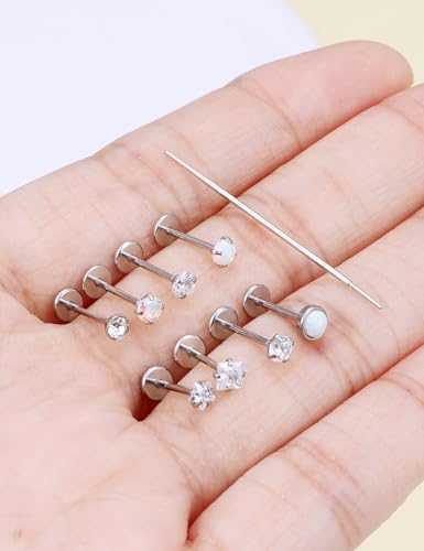 Prjndjw Threadless Nose Rings Stud 20G 18G 16G Flat Back Nose Stud Surgical Steel Push In Nose Rings Opal Heart CZ Hypoallergenic Nose Piercing Lip Medusa Tragus Studs Earrings Piercing Taper - color: 20G =0.8mm -8mm Length