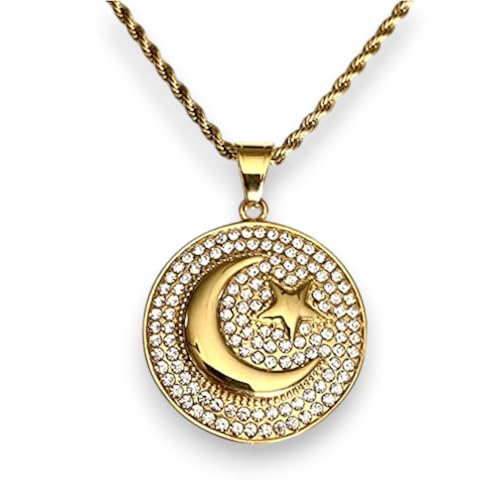 Crescent Moon & Star Pendant Necklace – Men & Women 14k Gold Finish, Iced Out Medallion, 925 Italy Stainless Steel, 2.5mm Rope Chain - size: 16" Necklace