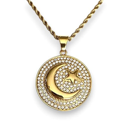 Crescent Moon & Star Pendant Necklace – Men & Women 14k Gold Finish, Iced Out Medallion, 925 Italy Stainless Steel, 2.5mm Rope Chain - size: 16" Necklace
