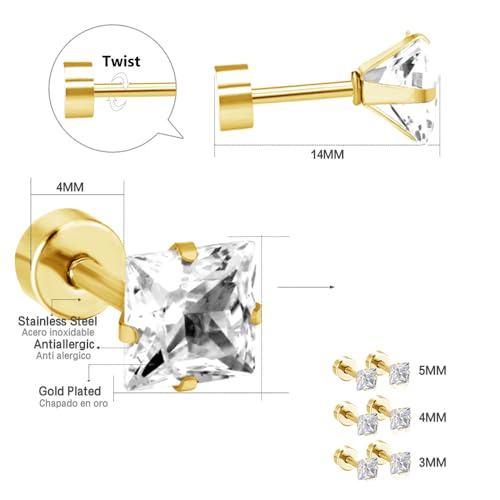 18G Princess Cut Clear Cubic Zirconia Cartilage Small Stud Earrings for Men Women Square Barbell Tragus Helix Screw Sleeper Surgical Steel Flat Back Piercing Studs Hypoallergenic 3 Pairs 3-5mm - color: Gold