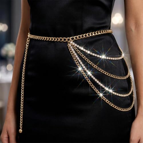 Molain Gold Waist Chain Belt for Women, Multilayer Sparkly Rhinestones Body Belly Waist Chain Belts Elegant Jewelry Accessories Body Decorate for Dresses Jeans Skirts Trouser