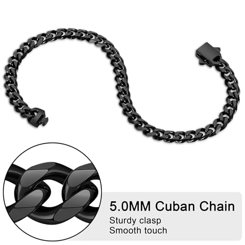Fiusem Cuban link Mens Bracelet | 5mm/7mm/8mm Width, 7.1"/7.5"/7.9" Length Stainless Steel Bracelets for Men - color: 5mm width-black, size: 7.1 inches