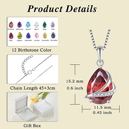 Birthstone Pendant Necklace 925 Sterling Silver Teardrop Jewelry for Women - color: Deep Red