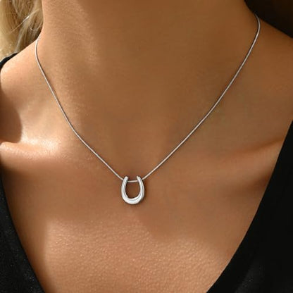 Gold Necklace for Women Dainty 18K Gold Plated | Sun Horn Crescent Moon Lucky Horse Shoe Pendant Necklace Waterproof Stainless Steel Trendy Jewelry, Gift Box Included - color: U Shape-White Gold