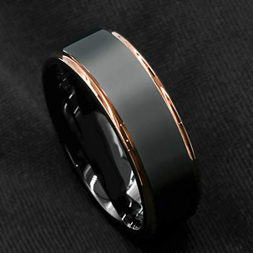 Tungsten Carbide Wedding Bands That Feature Different Finishes and Edge Colors - color: Black/Rose Gold-8mm