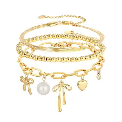 3PCS Charm Gold Bracelets for Women Non Tarnish,14k Plated Gold Bracelet Stack Cute Dainty Stackable Trendy Bow Cross Clover Bracelets Set Tarnish Free Gold Jewelry for Women Gifts - color: Pearl Bow-Gold