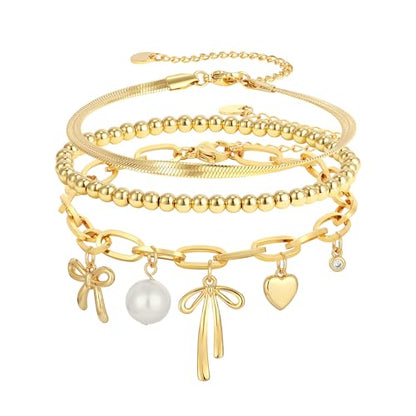 3PCS Charm Gold Bracelets for Women Non Tarnish,14k Plated Gold Bracelet Stack Cute Dainty Stackable Trendy Bow Cross Clover Bracelets Set Tarnish Free Gold Jewelry for Women Gifts - color: Pearl Bow-Gold