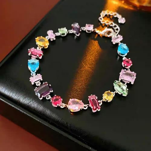 Silver Plated Rainbow Crystal Necklace, Sparkly Cubic Zirconia Rhinestone Multicolor Chain Choker Bracelet Earring Jewelry Set - style: Necklace+Bracelet