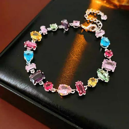 Silver Plated Rainbow Crystal Necklace, Sparkly Cubic Zirconia Rhinestone Multicolor Chain Choker Bracelet Earring Jewelry Set - style: Necklace+Bracelet