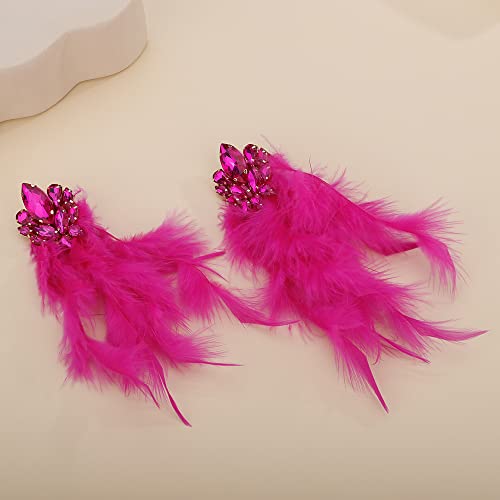 Denifery Long Feather Earrings Bohemian Earrings Multicolor Tassel Handmade Feather Earrings Dangling Earrings for Women (Rose Red) - color: Rose Red