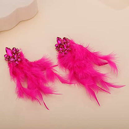 Denifery Long Feather Earrings Bohemian Earrings Multicolor Tassel Handmade Feather Earrings Dangling Earrings for Women (Rose Red) - color: Rose Red