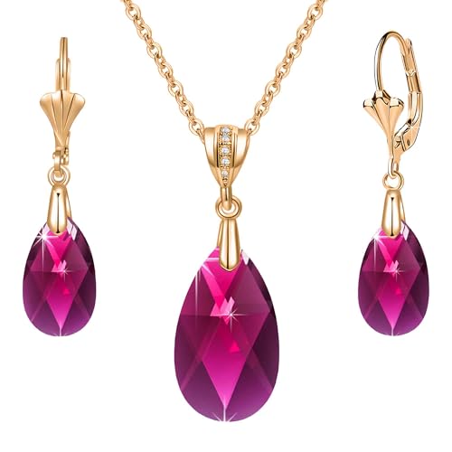 Austrian Crystals Teardrop Pendant Necklace Earrings for Women 14K Gold Plated Hypoallergenic Leverback Drop Dangle Earrings Jewelry Set - color: Fuchsia