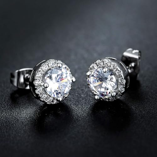 MDFUN Halo Stud Earrings 18K Gold Plated 5A+ Cubic Zirconia Round Earrings Hypoallergenic Ears Jewelry for Women Men - color: White Gold
