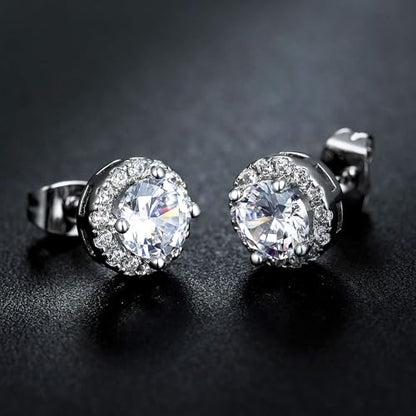 MDFUN Halo Stud Earrings 18K Gold Plated 5A+ Cubic Zirconia Round Earrings Hypoallergenic Ears Jewelry for Women Men - color: White Gold