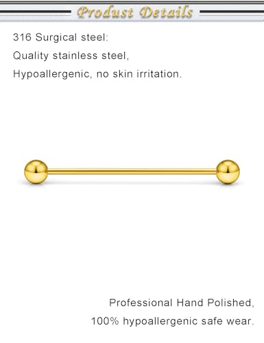 16G 14G Surgical Steel Tongue Rings Nipple Rings Industrial Piercing Jewelry Set Multi Size Straight Barbells 12mm 14mm 16mm 19mm 22mm 28mm 32mm 35mm 38mm 40mm 45mm for Women Men - color: goldtone, size: 16g,bar length 35mm