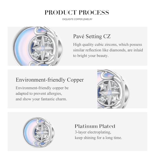 Celestial Bead Charms for Bracelets, Star Moon Dreamcatcher Dangle Charms, Silver Tone Copper, Glass Resin CZ Accents, Charm Beads for Women Jewelry Making, Gift Box Included - color: Moon Star Round Bead Charm