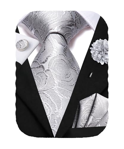 Hi-Tie Men's Silk Ties Formal Woven Classic Necktie Pocket Square Cufflinks Lapel Pin Set Wedding Business - color: A Silver