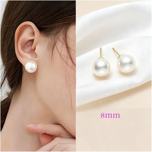 Oversized Faux Pearl Stud Earrings for Women, 14K Gold Plated Sterling Silver Hypoallergenic Large Classic Lightweight Pearl Earrings - size: 8mm