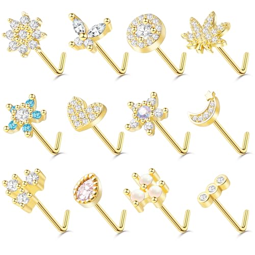 35-70 PCS 18G 20G Nose Rings for Women & Men - Gold Hoops, L Shape, Studs & Screw - 316L Surgical Stainless Steel - color: Gold-Clear CZ-20G-12pcs
