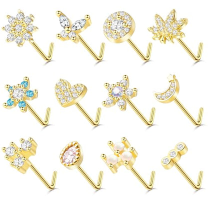 35-70 PCS 18G 20G Nose Rings for Women & Men - Gold Hoops, L Shape, Studs & Screw - 316L Surgical Stainless Steel - color: Gold-Clear CZ-20G-12pcs