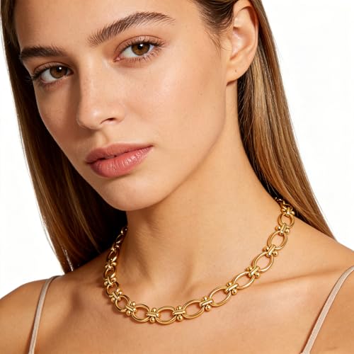 Chunky Necklace for Women 18K Gold Plated Statement Adjustable Thick Link Chains Paperclip Chain Choker Trendy Fashion Jewelry Gifts - style: Link 1