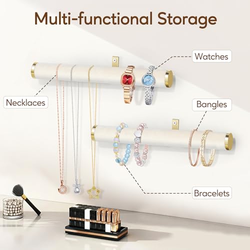 Velvet Necklace Holder Wall Jewelry Organizer, 12" Hanging Necklace Organizer, 2 Pack Wall Mounted Necklace Hanger for Bracelets Bangles Display,Beige - color: Beige