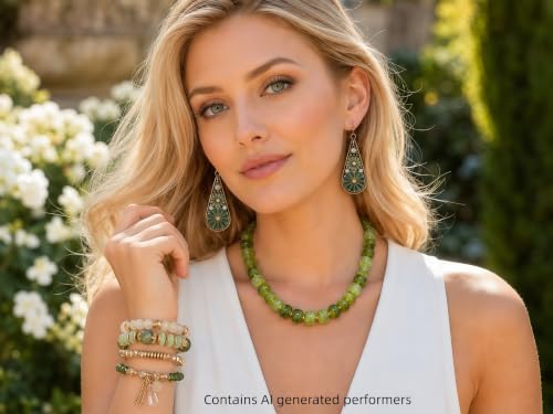 3Pcs Boho Jewelry Set for Women Necklace Earrings Bracelet | Acrylic Beaded Necklace | Floral Enamel Earrings | Layered Bracelet | Coordinated Trio | Green Boho Style | Gift for Women