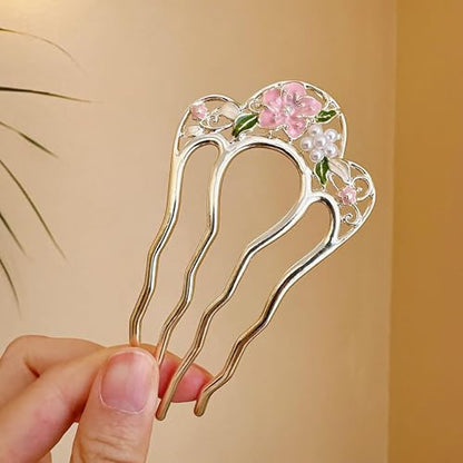 2 Pack Flower Pattern U Shaped Hair Pins for Buns Creative 4 Prong Hair Updo Hair Sticks Metal Teeth Hair Fork Clips Attractive Hair Accessories (Multi-Color)