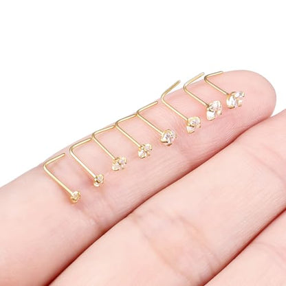 Hoeudjo Hypoallergenic Nose Rings Studs 24G Surgical Stainless Steel Cubic Zirconia Nose Studs for Women Men Screw & Bone & L Shaped Nostril Piercing Jewelry with 1.5mm 2mm 2.5mm 3mm CZ - color: goldtone,L-shaped nose studs