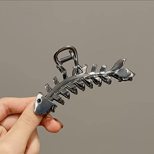 Hair Clip - Metal Black Fish Bone Shape Hair Clip - 4.3 inch - Hairpin Claw Clip for Women and Girls - Large Fishbone Claw Clip Hair Accessory - Mysterious Black - color: Black Fishbone