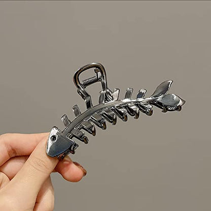 Hair Clip - Metal Black Fish Bone Shape Hair Clip - 4.3 inch - Hairpin Claw Clip for Women and Girls - Large Fishbone Claw Clip Hair Accessory - Mysterious Black - color: Black Fishbone