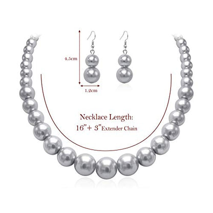 Cryshimmer Pearl Choker Necklace for Women Faux Pearl Beads Strand Necklace Earring Set Costume Jewelry,Gift for Wife Mother - color: Gray