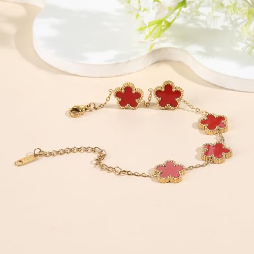 TICVSS Four Leaf Clover Bracelet for Women 18K Gold Plated Stainless Steel Lucky 4 Leaf Gold Link Bracelet Jewelry Gift for Women - color: Red