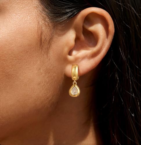 Gold Chunky Dangle Earrings for Women, Bezel Set Cubic Zirconia Charm | 14K Gold Silver Plated, Statement Huggie Hoops Drop Earrings, Trendy Jewelry Gifts, High Grade CZ, Hypoallergenic Lightweight - color: GD-Teardrop CZ Hoop