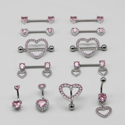 BSJ4U Nipple Ring and Belly Button Ring Set 14G Stainless Steel Sparkly Pink CZ Heart Bar Barbell Nipple Belly Piercing Body Jewelry - style: Lovely