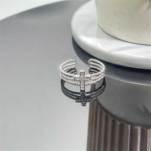 Dainty CZ Cross Adjustable Stacking Open Ring for Women Chic Crystal Christian Faith Triple Layer Stackable Statement Finger Wrap Ring Comfort Fit Religious Fashion Jewelry