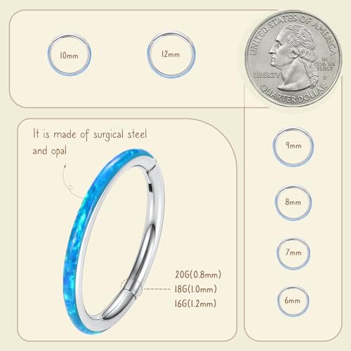 AROWRO Nose Rings Hoops with Opal Hinged Nose Rings for Women Surgical Steel Septum Rings 16G 18G 20G Conch Helix Daith Piercing Jewelry Diameter 6mm-12mm - color: Silver&Blue Opal, size: 16G(1.2mm)-12mm