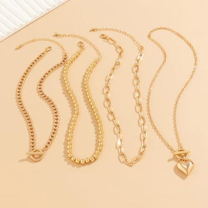 4pcs Layered Gold Necklace for Women NonTarnish Chunky Gold Necklace Retro Coin Heart Pendant Necklace Paperclip Chain Jewelry Set - color: Gold