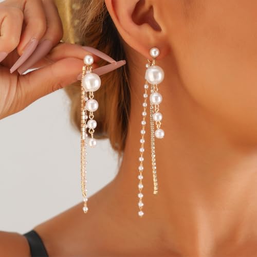 Statement Beaded Pearl Drop Dangle Earrings for Women, Charm Crystal Pearls Zircon Long Tassel Stud Earring Dangling Exquisite Prom Party Jewelry Gifts