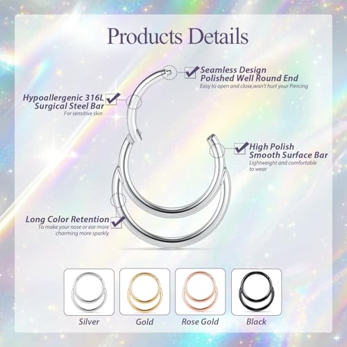 GAGABODY Septum Jewelry 16 Gauge Earrings Double Hoop Daith Earring Surgical Steel Hinged Nose Rings Nose Hoop Helix Tragus Rook Piercing - color: Style5:1pc Silver+Smooth Surface