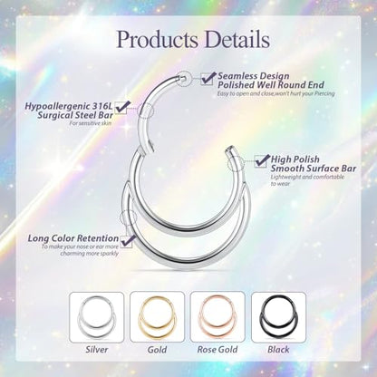 GAGABODY Septum Jewelry 16 Gauge Earrings Double Hoop Daith Earring Surgical Steel Hinged Nose Rings Nose Hoop Helix Tragus Rook Piercing - color: Style5:1pc Silver+Smooth Surface